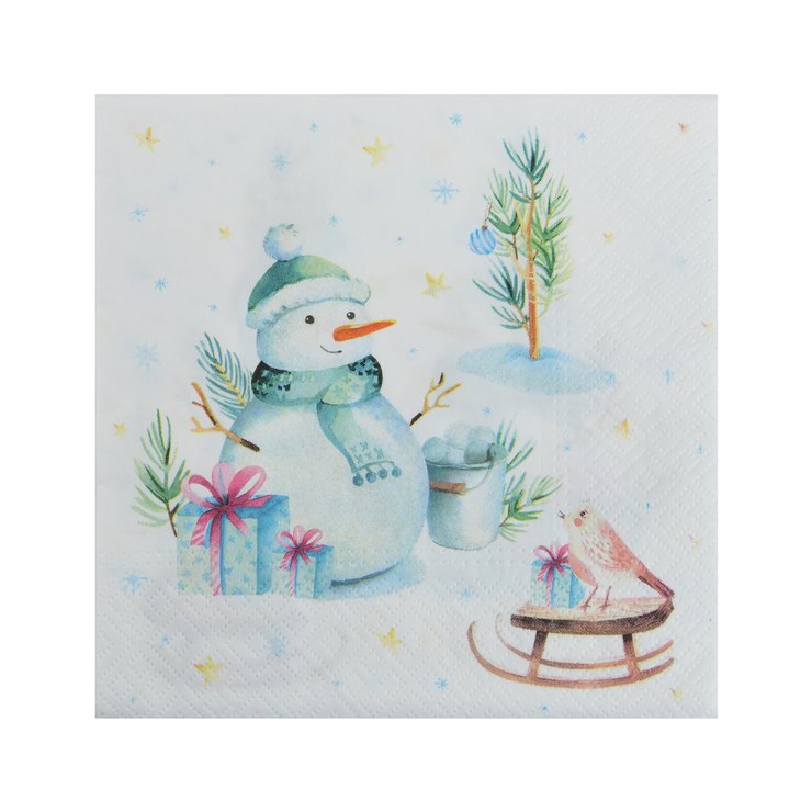 SET 20 SERVIETTES 3 PLIS 33X33CM BONHOMME DE NEIGE ET OISEAU
