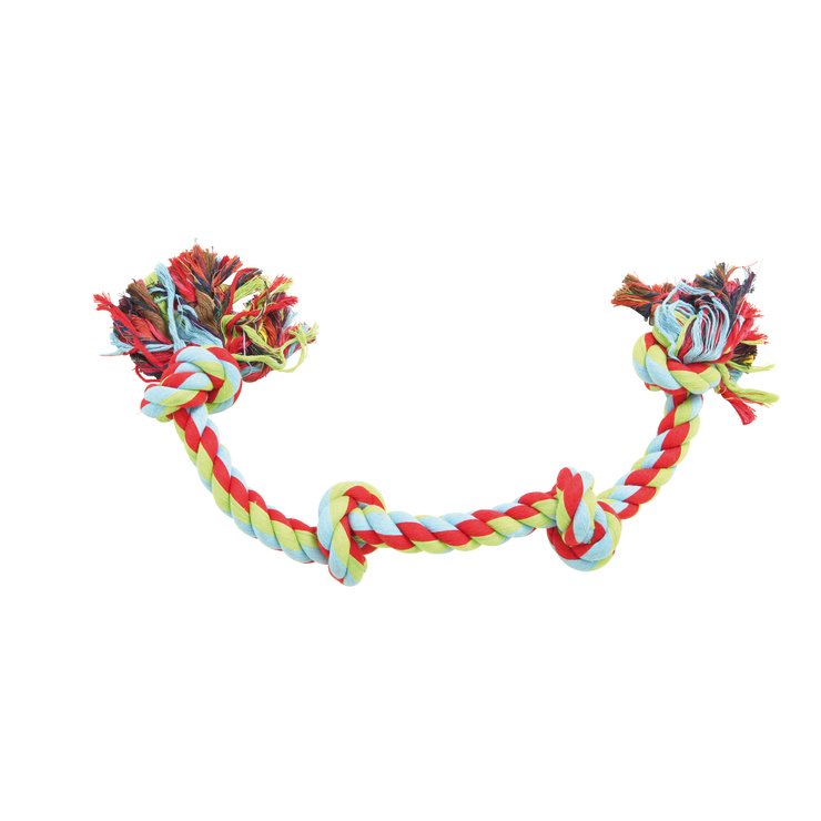 JOUET CORDE 4 NOEUDS SUPER RESISTANT 70CM ROUGE VERT BLEU