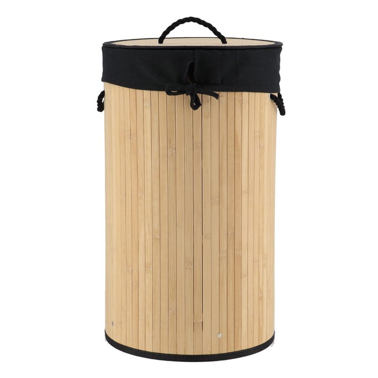 PANIERE LINGE RONDE PLIABLE BAMBOU TISSU LIN NOIR
