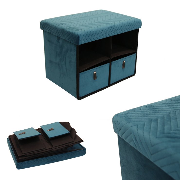BANC PLIABLE TIROIR X2 VELOURS A MOTIF BLEU