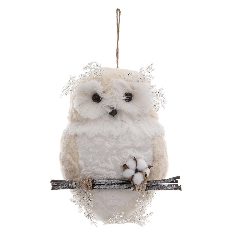 SUSPENSION HIBOU BLANC SUR BRANCHE H.50CM