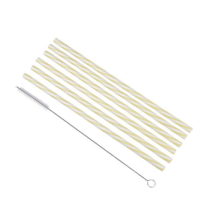 SET 6 PAILLES PLASTIQUE REUTILISABLE JAUNE BLANC ET BROSSE