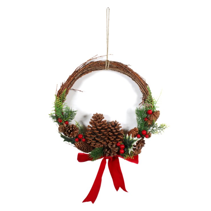 COURONNE BOIS POMMES DE PIN ET RUBAN 32X35CM