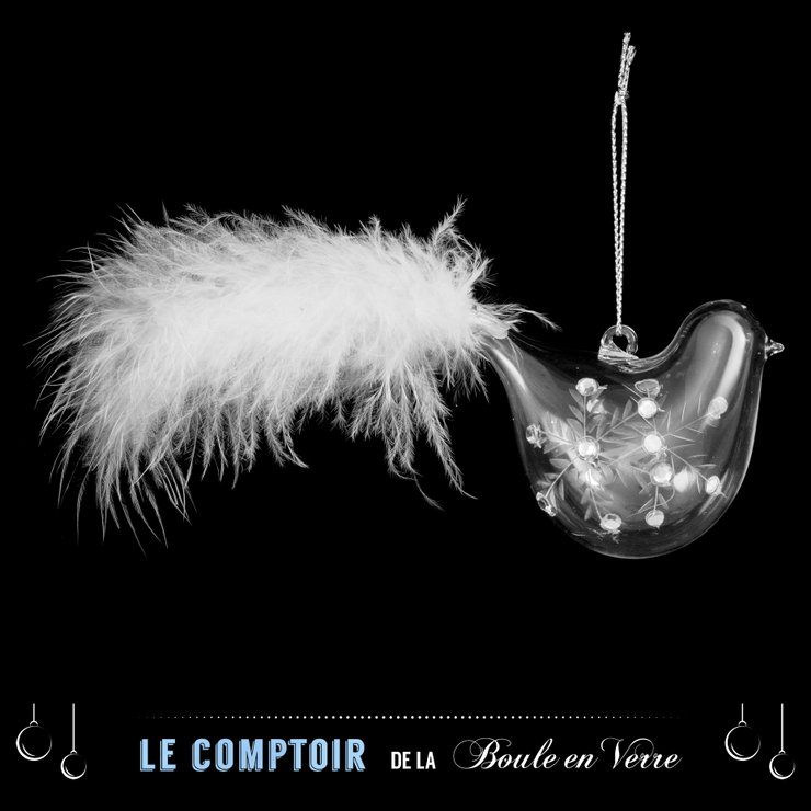 SUSPENSION VERRE 7CM OISEAU ET PLUME