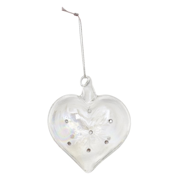 BOULE EN VERRE ARGENTEE IRISEE FORME COEUR 8CM