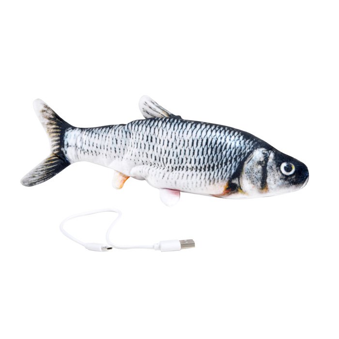 JOUET PELUCHE POISSON ANIME AVEC HERBE A CHAT 28CM GRIS