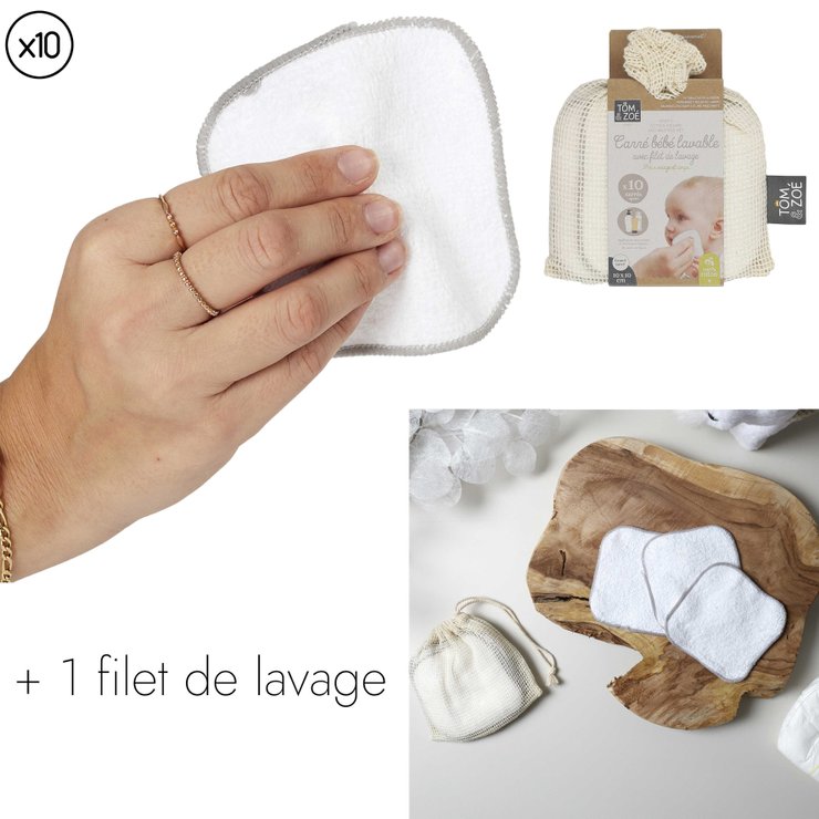 CARRE COTON BEBE X10 PIECES ET FILET DE LAVAGE