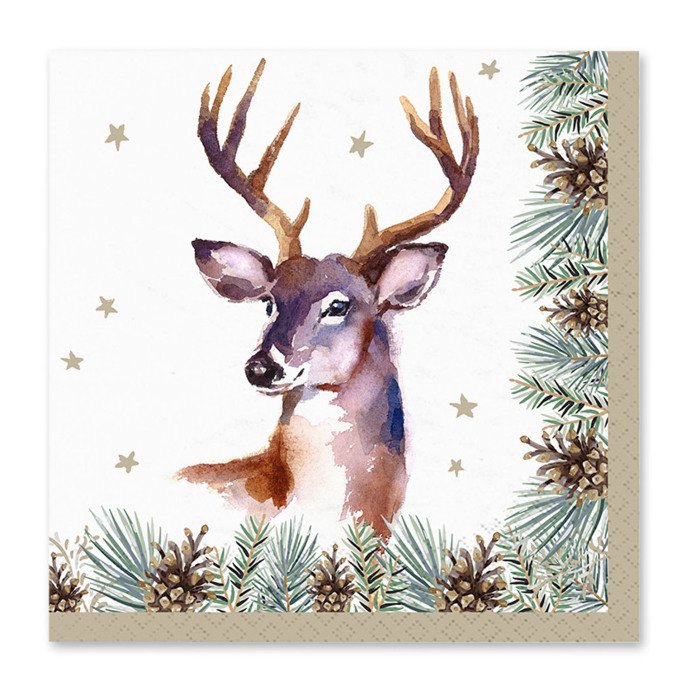 SET 20 SERVIETTES 3 PLIS 33X33CM NATURE CERF