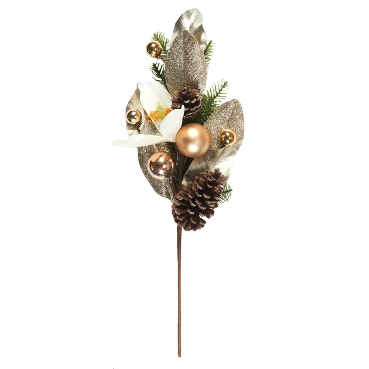 TIGE FEUILLES DOREES BOULES ET POMMES DE PIN H.60CM
