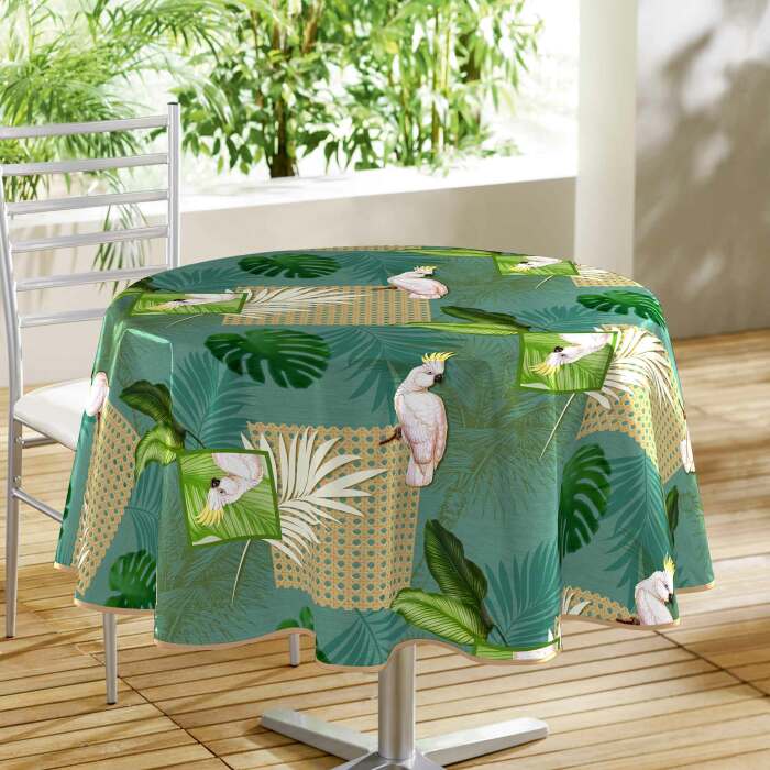NAPPE RONDE 160 CM PVC PHOTOPRINT CACATOES VERT