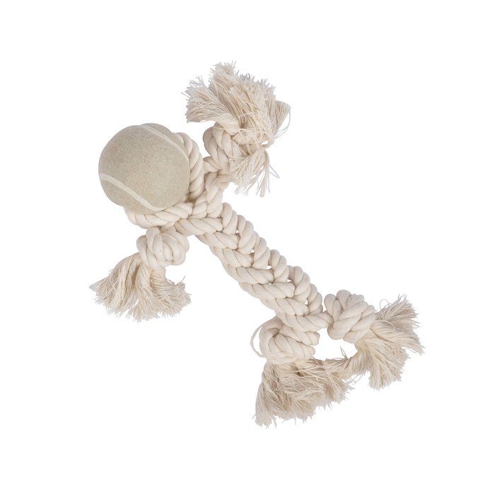 JOUET CORDE AVEC BONHOMME TETE BALLE TENNIS 25CM ECRU