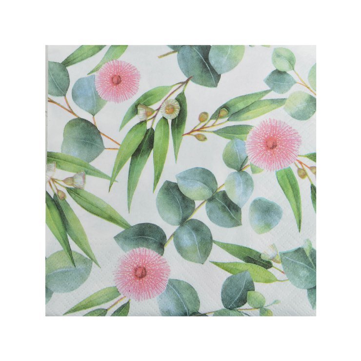 SET 20 SERVIETTES PAPIER 3 PLIS 33X33CM FLEURS EUCALYPTUS