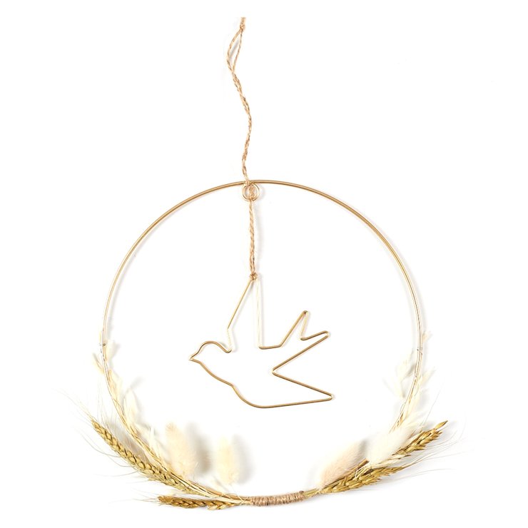 DECORATION MURALE COURONNE OISEAU DOREE ET FLEURS SECHEES D.