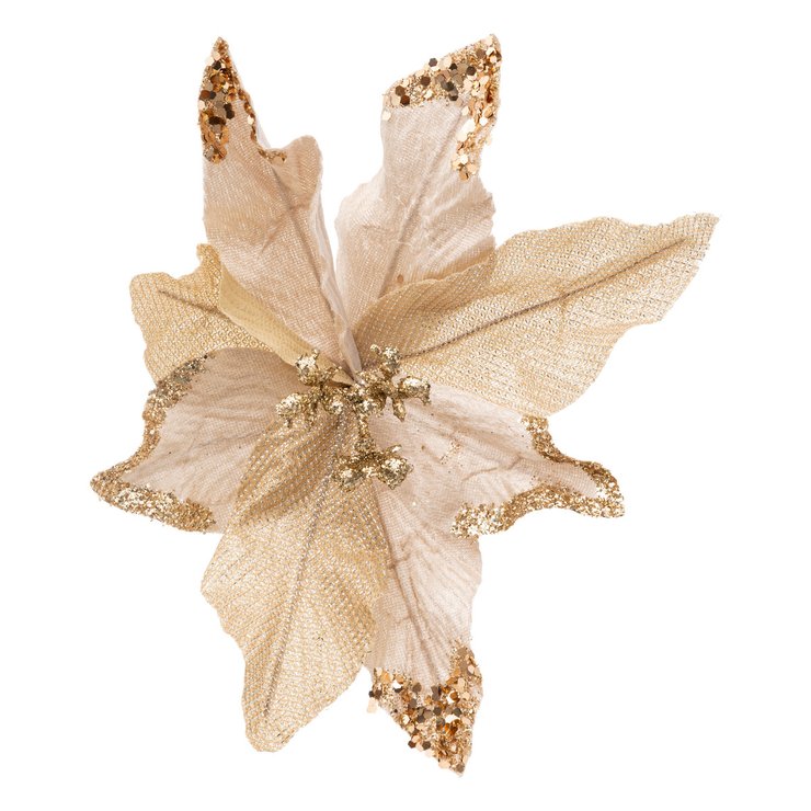SUJET DE NOEL POINSETTIA PAILLETTE CHAMPAGNE H.23CM