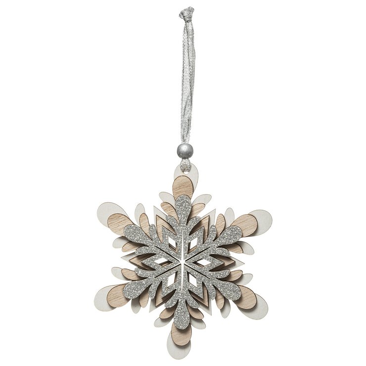 SUSPENSION BOIS FLOCON ARGENT NATUREL 12CM