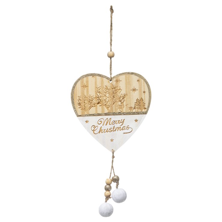 SUSPENSION BOIS COEUR BLANC POMPON