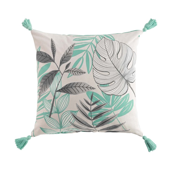 COUSSIN POMPONS 45X45CM COTON IMPRIME JARDIN SECRET SAUGE