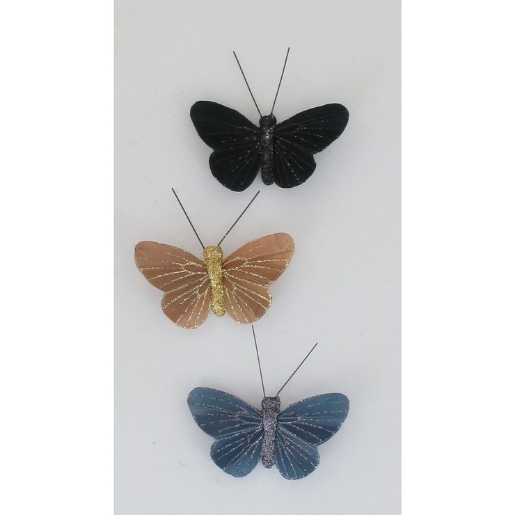 PAPILLON PLUME AIMANT X 3 NAOMI NOIR OR GRIS FONCE