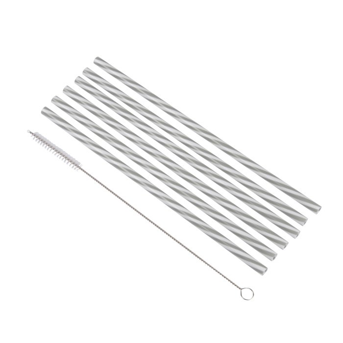 SET 6 PAILLES PLASTIQUE REUTILISABLE GRIS BLANC ET BROSSE