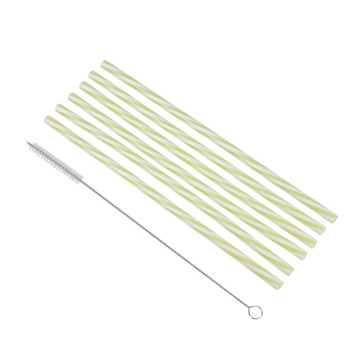 SET 6 PAILLES PLASTIQUE REUTILISABLE TILLEUL BLANC ET BROSSE