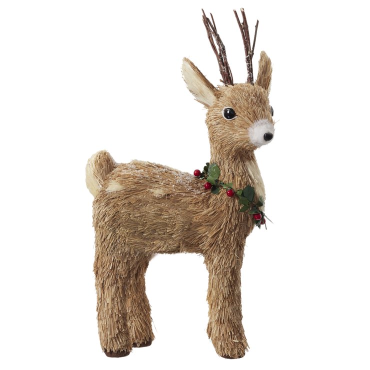 FIGURINE CERF EN PAILLE COLLIER VEGETAL 37CM