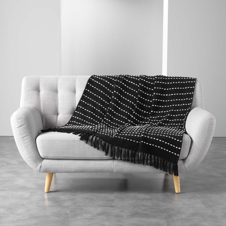 PLAID FRANGES 125X150CM COTON TISSE CAYENNE NOIR
