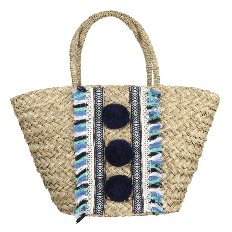 SAC DE PLAGE POMPOMS BLEUS 52X20X30CM