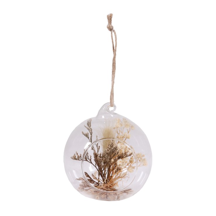 DECORATION BOULE VERRE A SUSPENDRE FLEURS SECHEES D.10CM