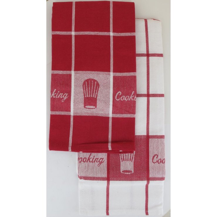 SET 2 TORCHONS COOKING 50X70CM COTON BLANC ROUGE