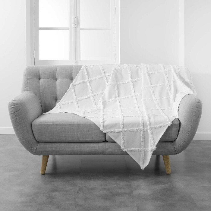 PLAID 125X150CM COTON UNI FANTAISIE CALYSSA BLANC