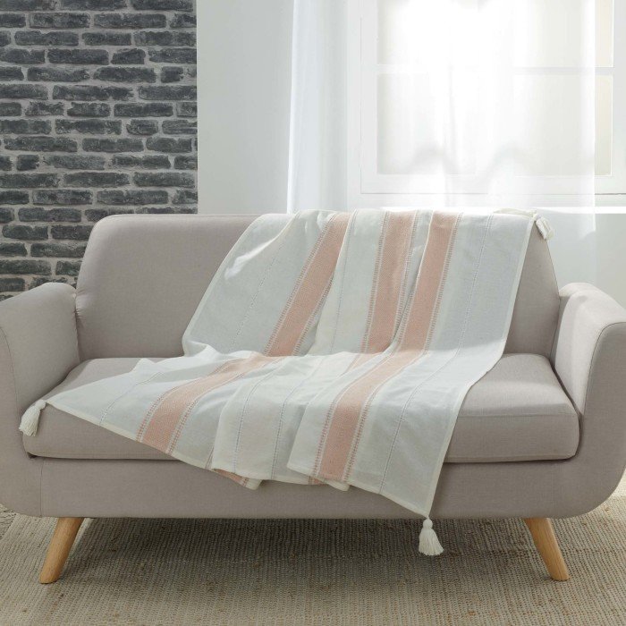 PLAID A POMPONS 125X150CM COTON TISSE FILS ARG INDIRA ROSE