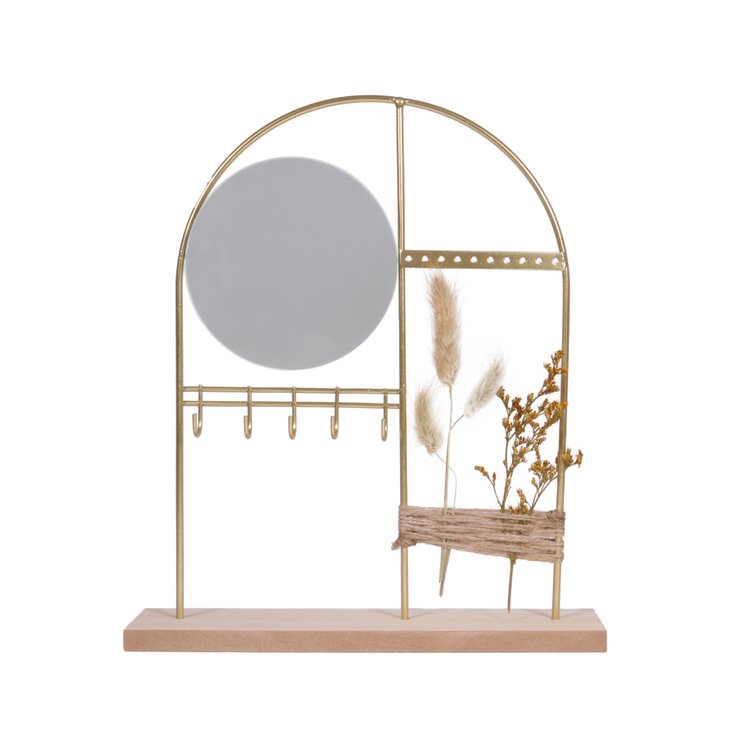 PORTE BIJOUX METAL DORE MIROIR ET FLEURS SECHEES
