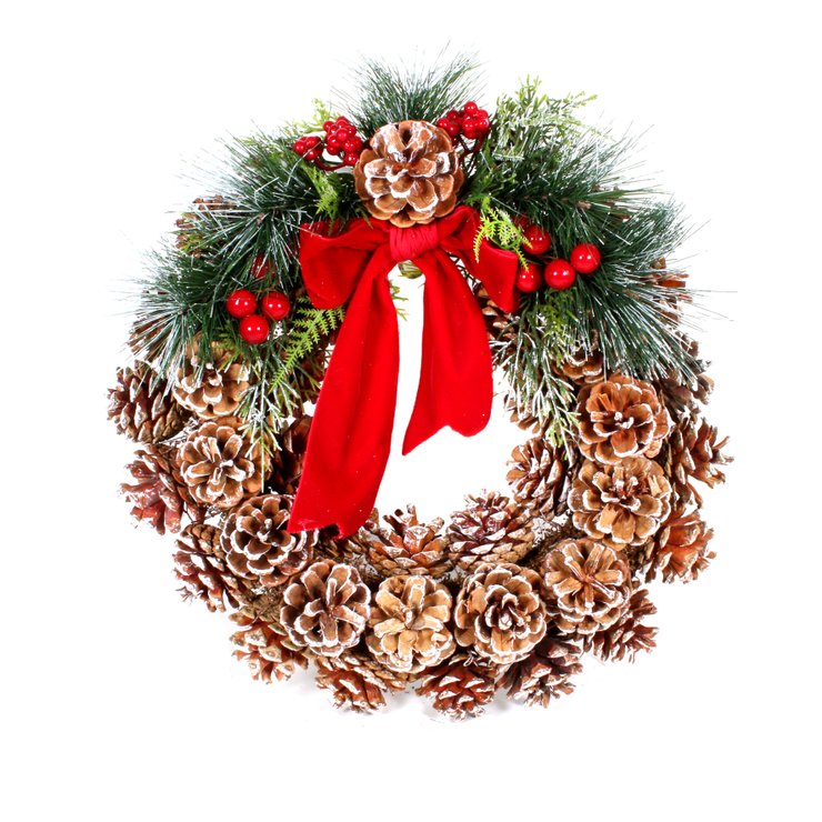 COURONNE EN POMMES DE PIN ET RUBAN 32CM