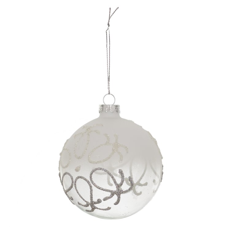 BOULE EN VERRE FUME BLANC AVEC ORNEMENTS 8CM