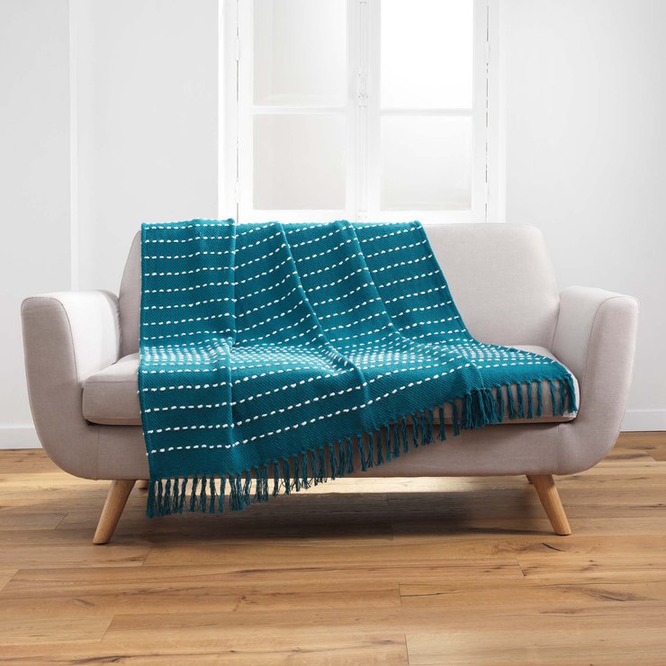 PLAID FRANGES 125X150CM COTON TISSE CAYENNE BLEU