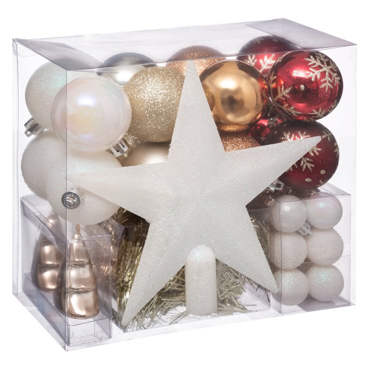 BOULE DE NOEL KIT 44 PIECES BORDEAUX DORE BLANC