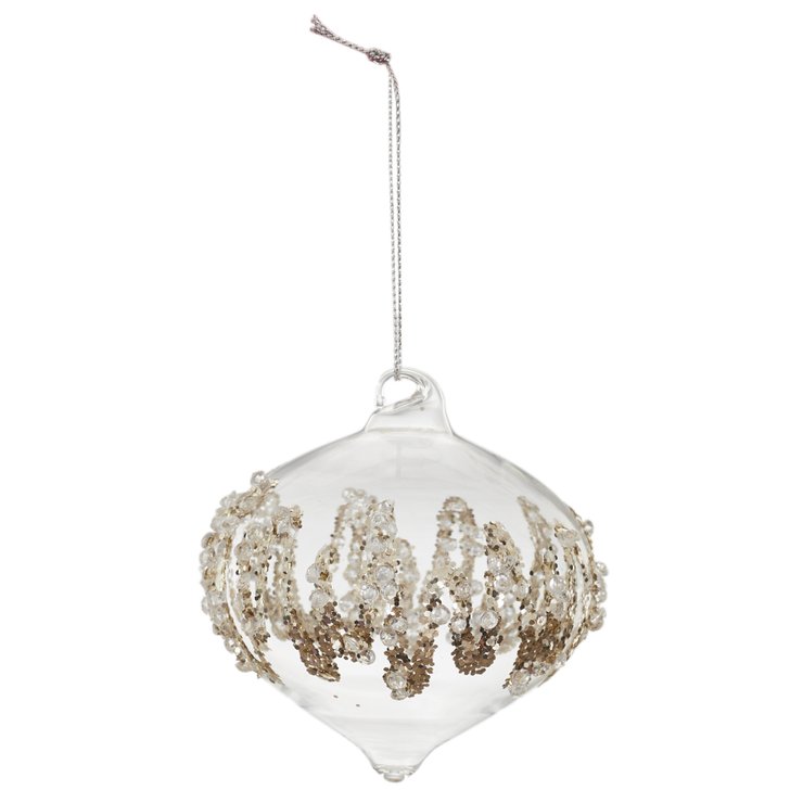 BOULE EN VERRE OIGNON PAILLETTES ET PERLES 8CM