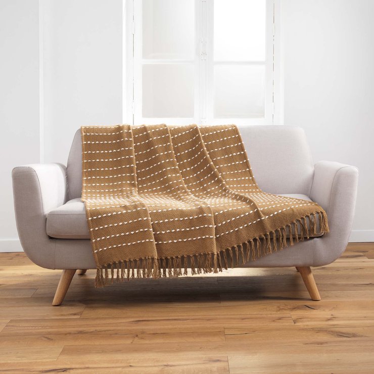 PLAID FRANGES 125X150CM COTON TISSE CAYENNE JAUNE