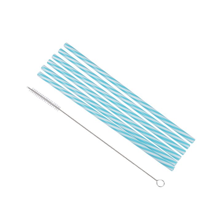 SET 6 PAILLES PLASTIQUE REUTILISABLE BLEU BLANC ET BROSSE