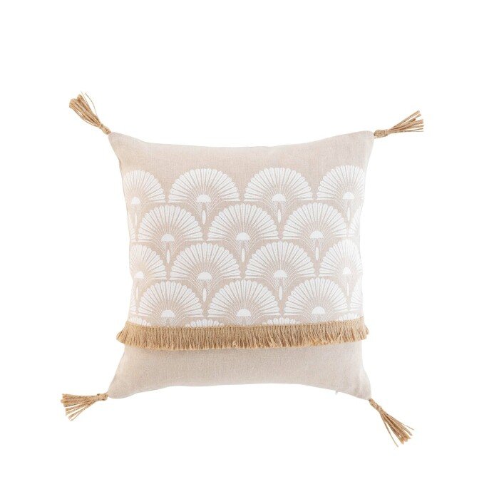 COUSSIN POMPONS 40X40CM IMPRIME BAHINA BLANC