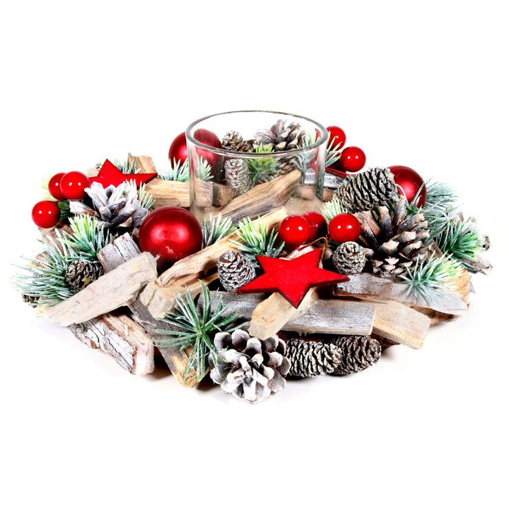 COURONNE PHOTOPHORE VERT ROUGE ET BOIS 24CM