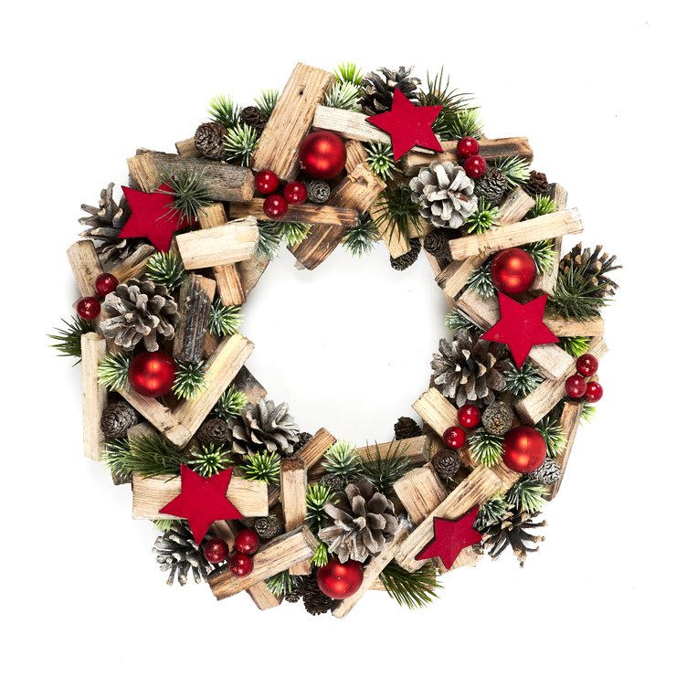 COURONNE DE NOEL VERT ROUGE ET BOIS 35CM